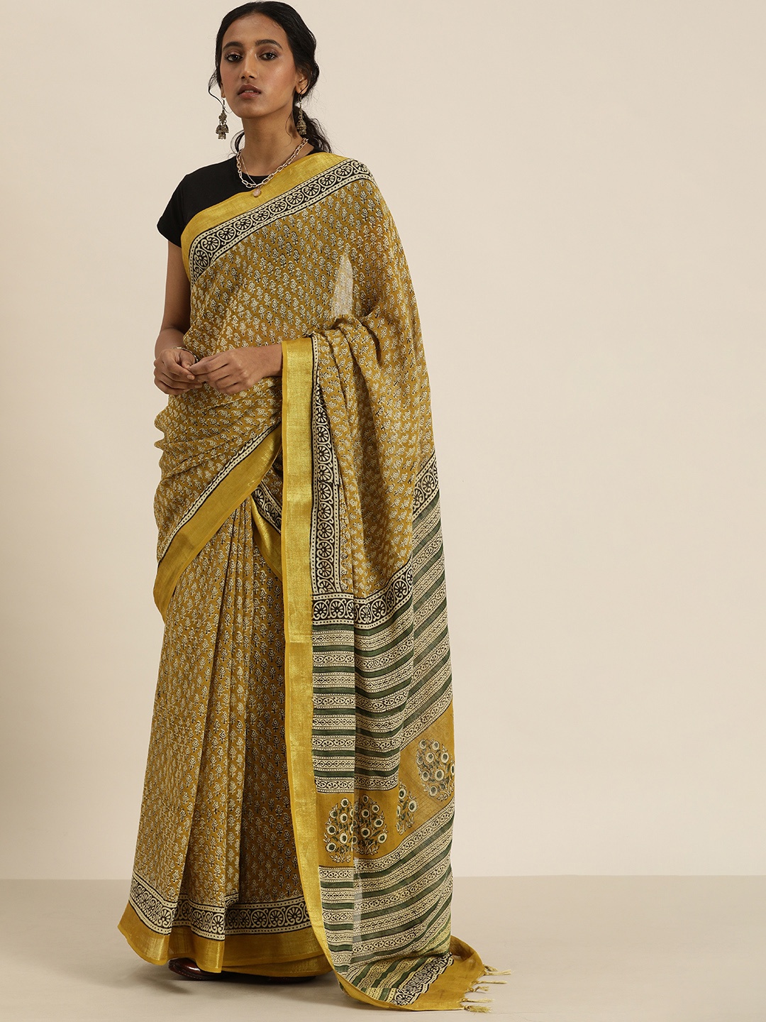 

Taavi Yellow & Black Bagru Hand Block Print Saree