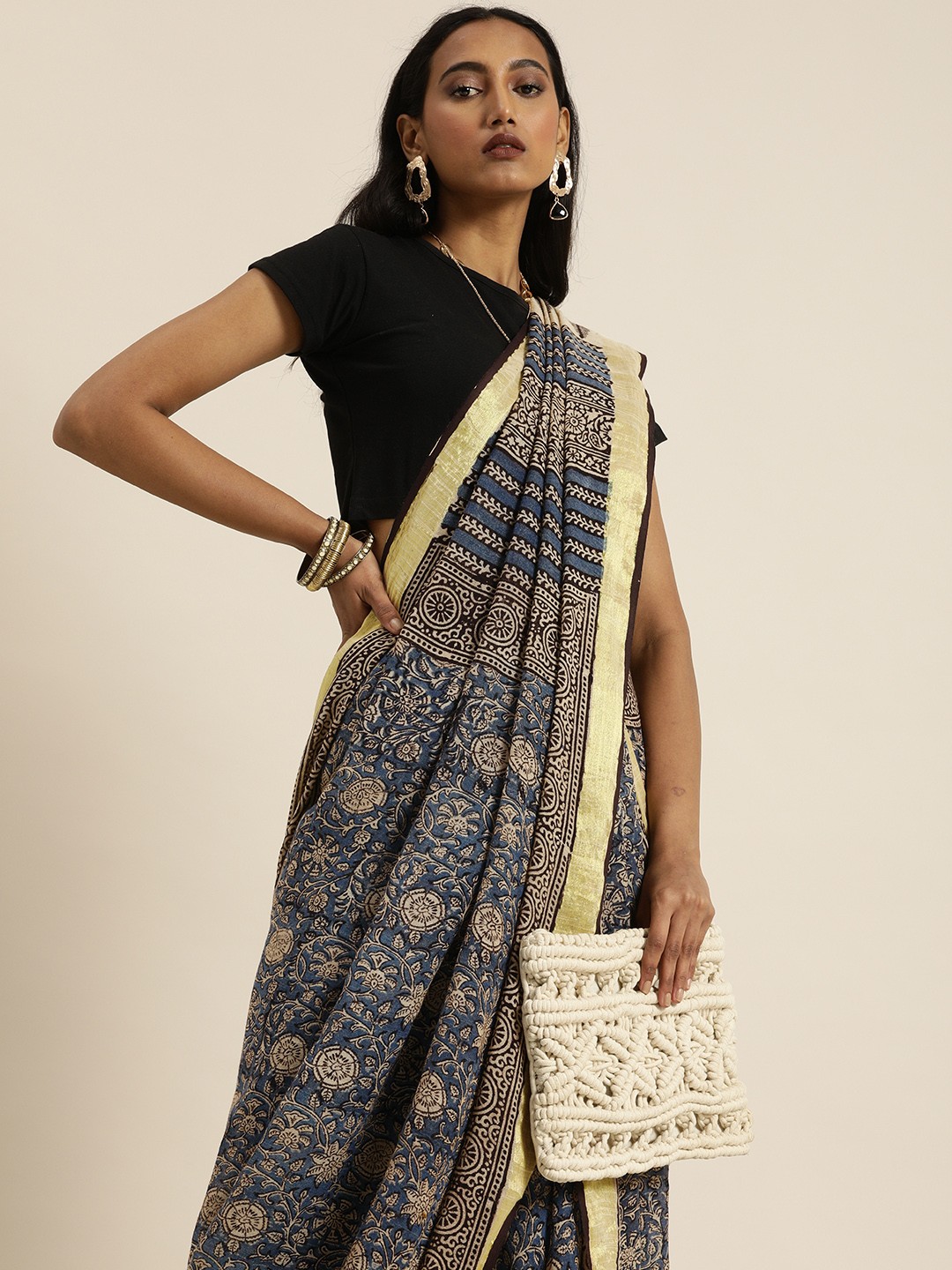 

Taavi Blue & Black Bagru Hand Block Print Saree