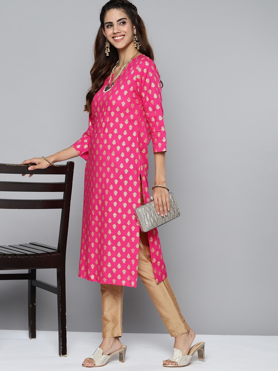 

HERE&NOW Women Pink & Golden Ethnic Motifs Printed Kurta