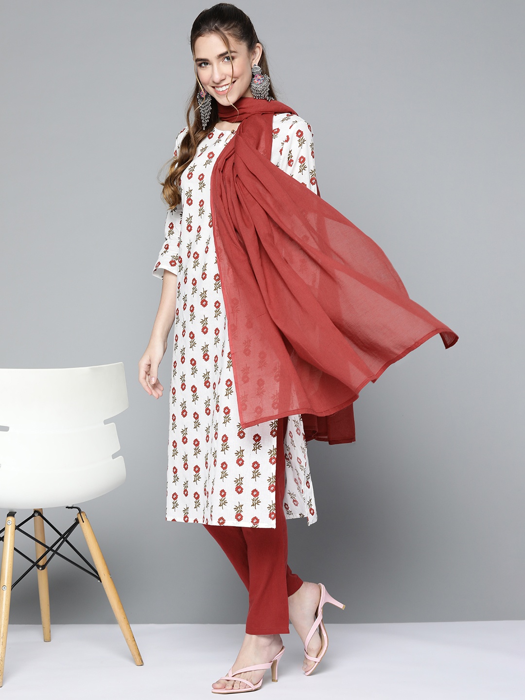 

HERE&NOW Women White & Rust Red Pure Cotton Kurta with Trousers & Dupatta