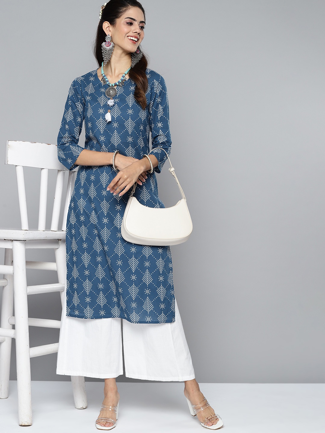 

HERE&NOW Women Geometric Printed Kurta, Navy blue