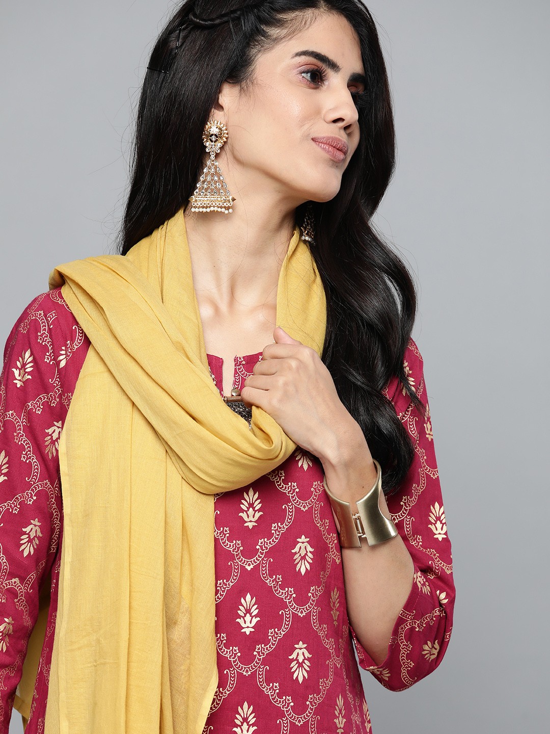 

HERE&NOW Women Maroon & Golden Ethnic Print Pure Cotton Kurta with Trousers & Dupatta