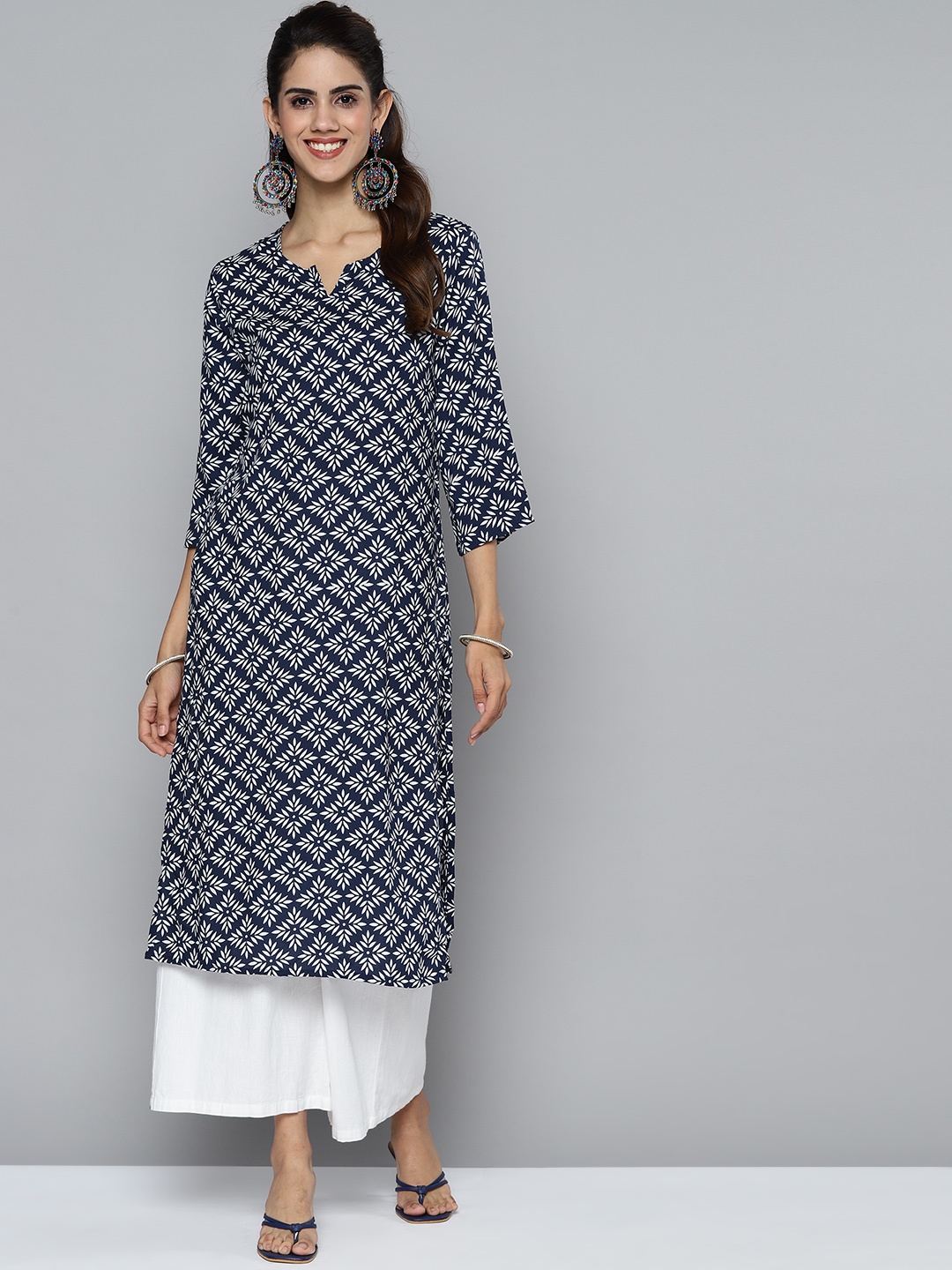 

HERE&NOW Women Navy Blue & White Ethnic Motifs Printed Kurta