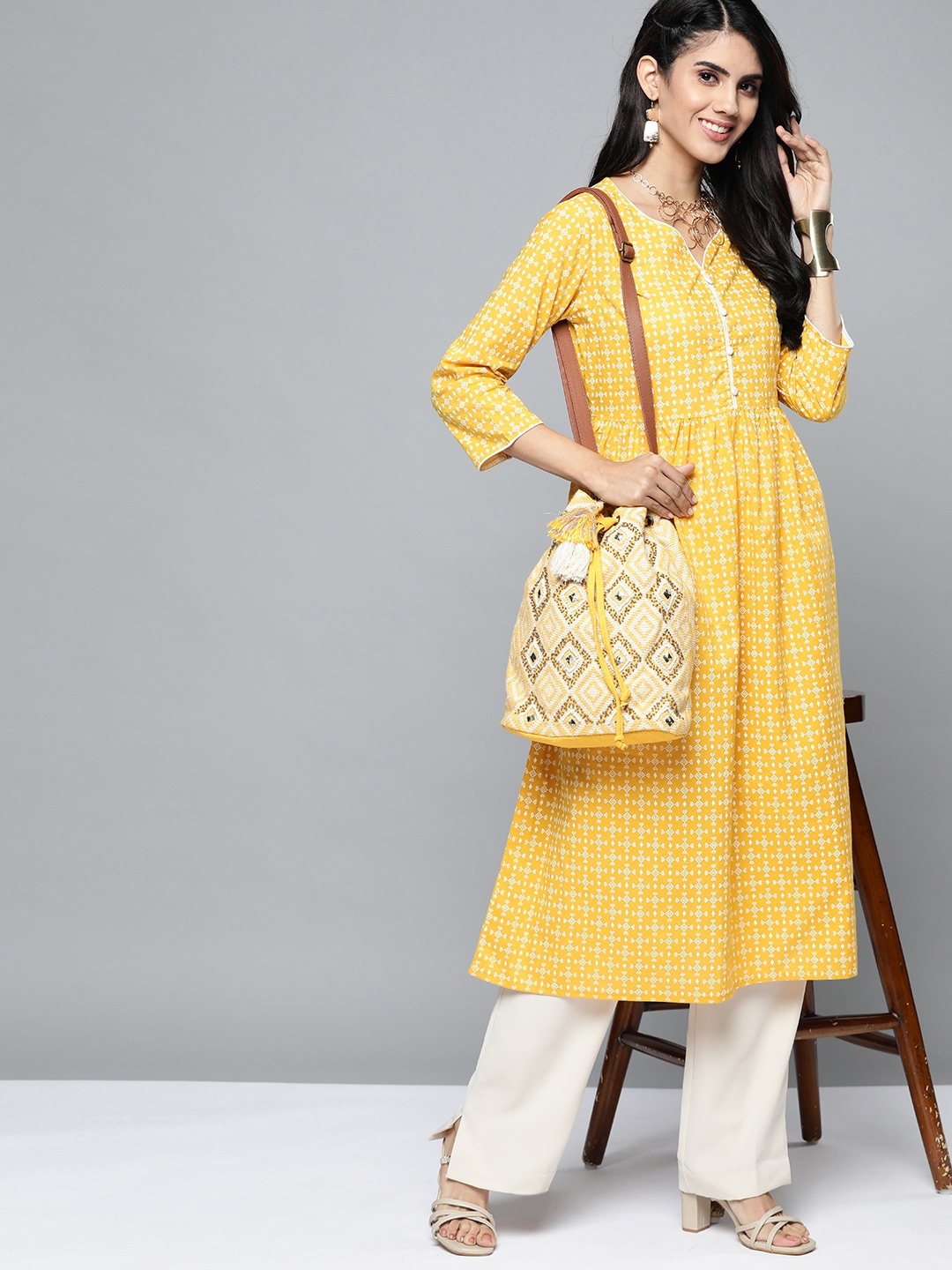 

HERE&NOW Women Mustard Yellow & White Pure Cotton Printed A-Line Kurta