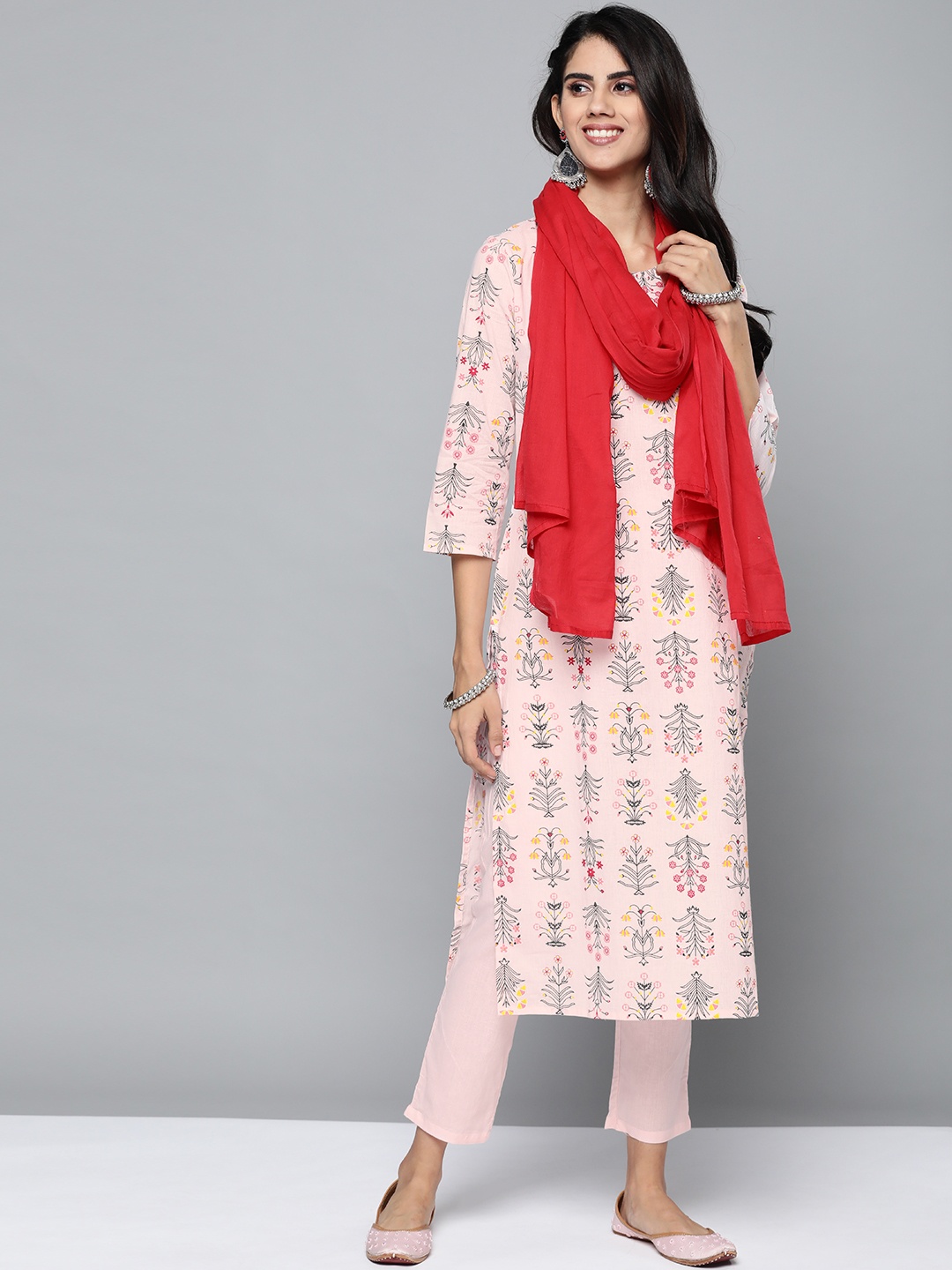 

HERE&NOW Women Pink Ethnic Print Pure Cotton Kurta with Trousers & With Dupatta
