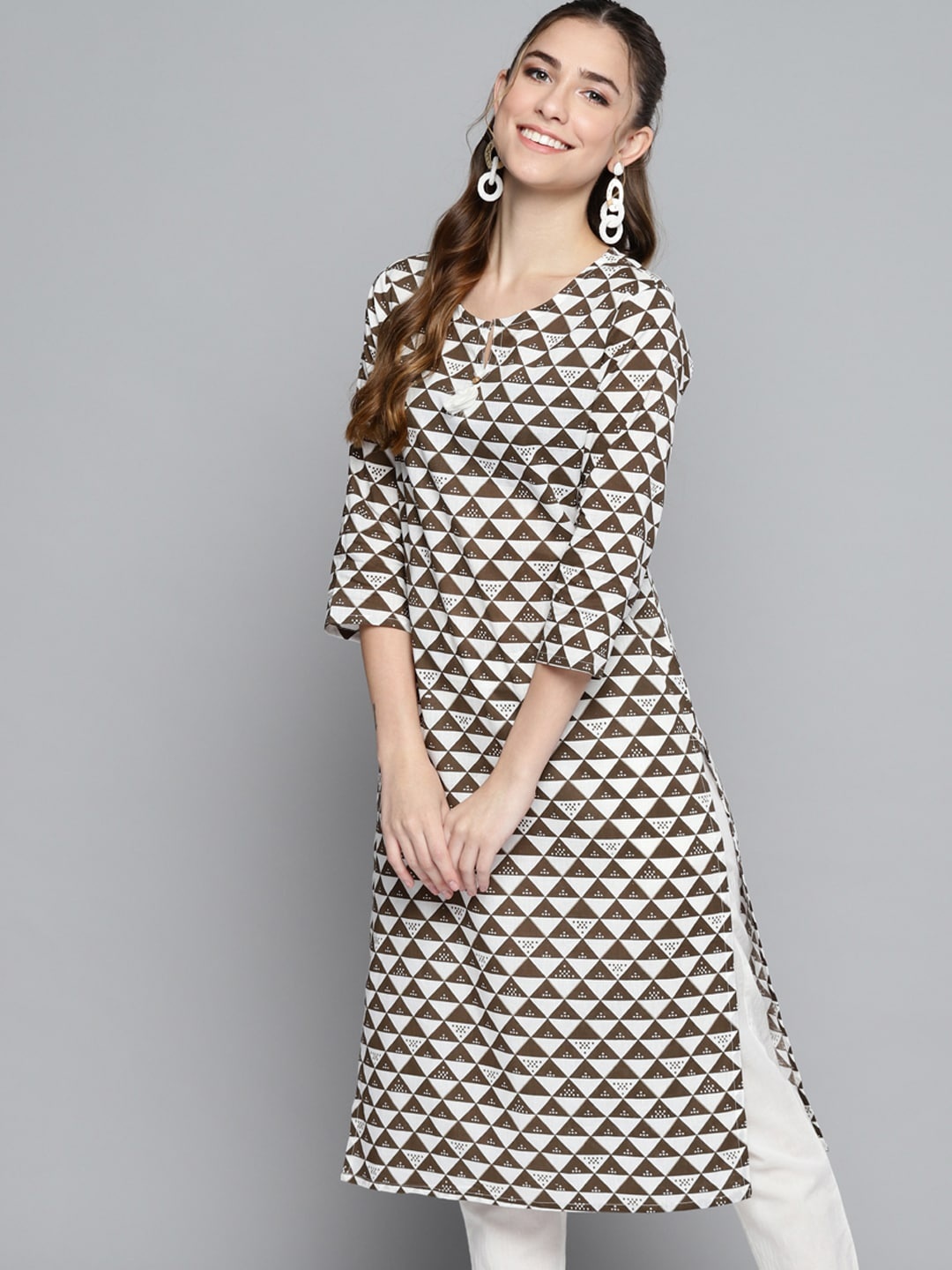 

HERE&NOW Women White & Brown Pure Cotton Geometric Printed Kurta