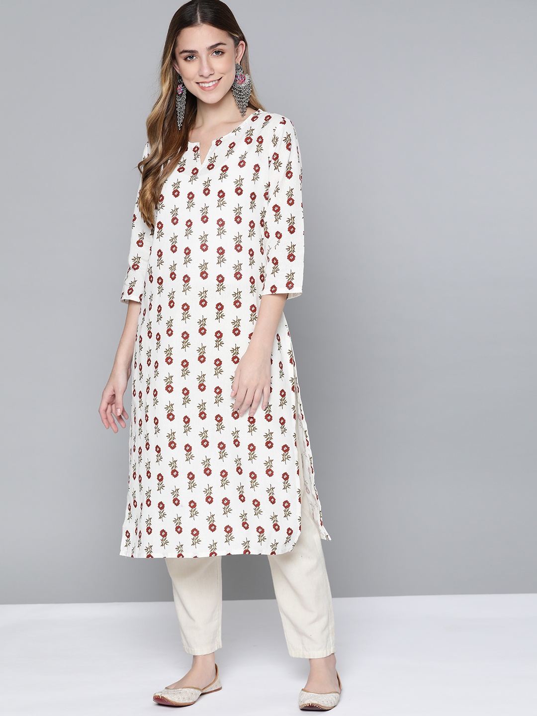 

HERE&NOW Women White & Rust Brown Floral Printed Kurta