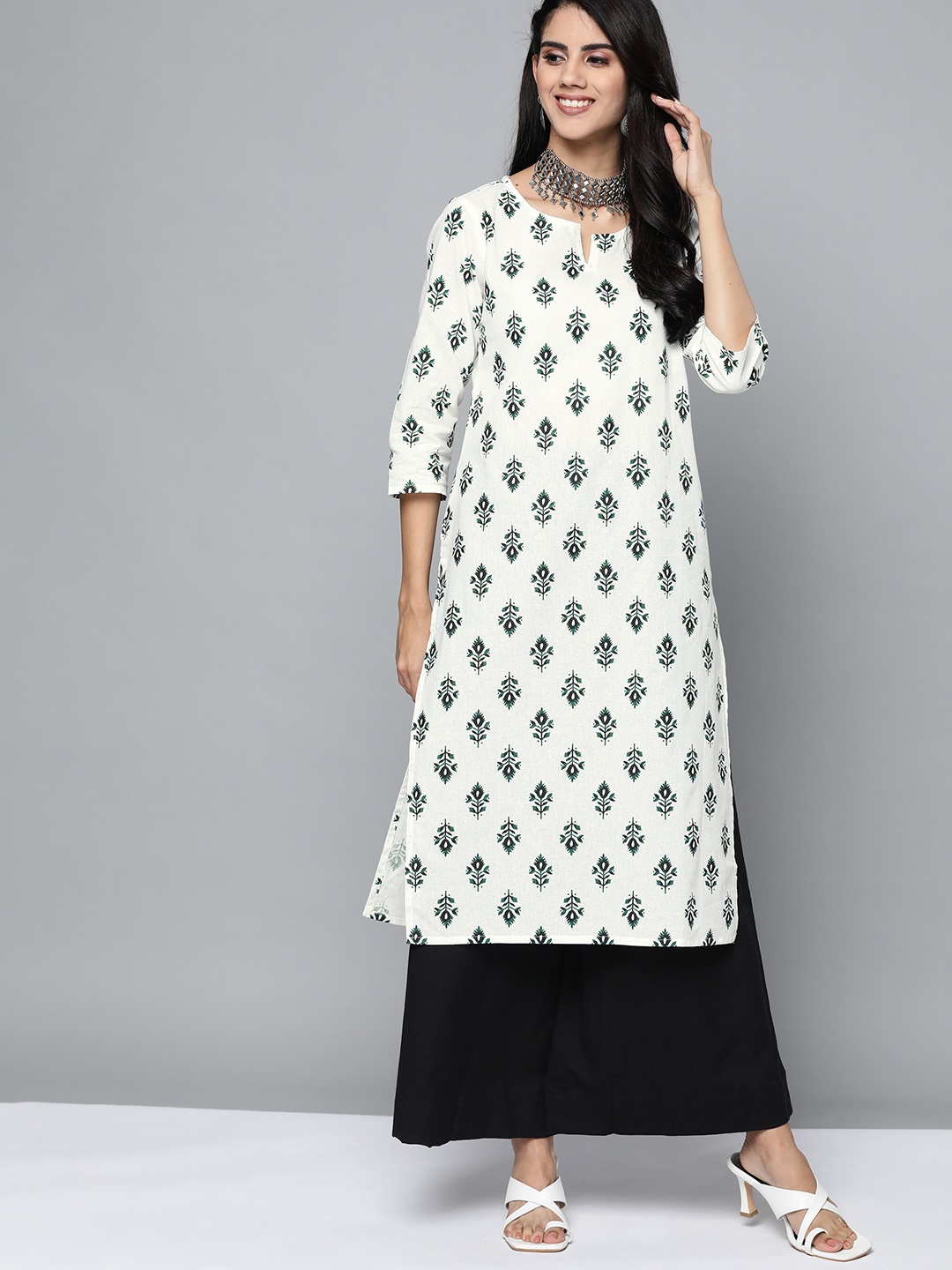 

HERE&NOW Women White & Teal Blue Ethnic Motifs Printed Kurta