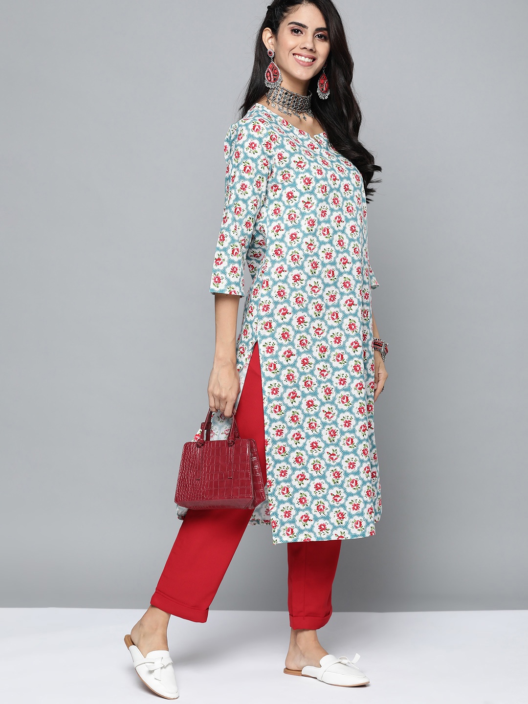 

HERE&NOW Women Green & White Ethnic Motifs Printed Kurta