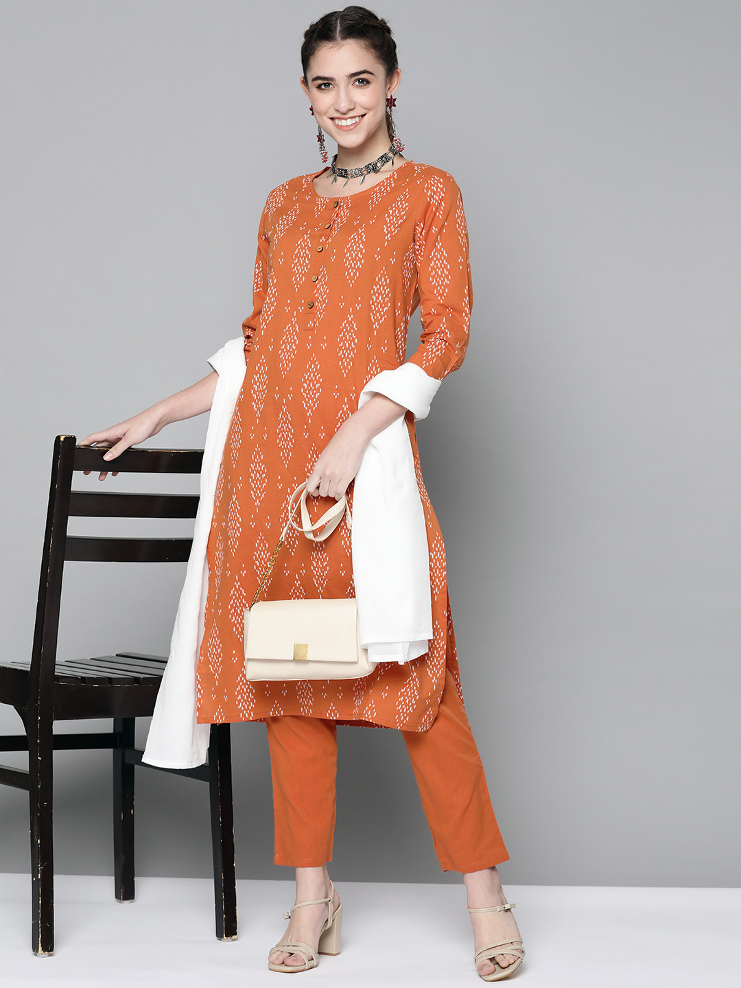 

HERE&NOW Women Brown Pure Cotton Printed Kurta with Trousers & Dupatta