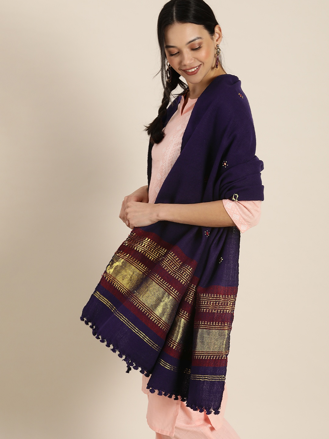 

Taavi Women Navy Blue & Red Embroidered Bhujodi Shawl With Mirror Work