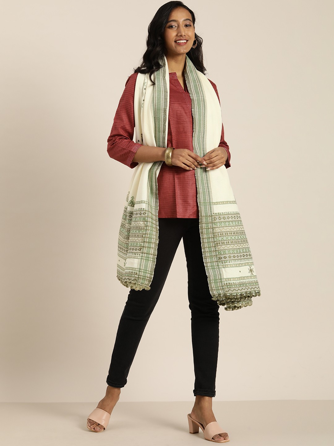 

Taavi Women White & Green Embroidered Bhujodi Shawl With Mirror Work