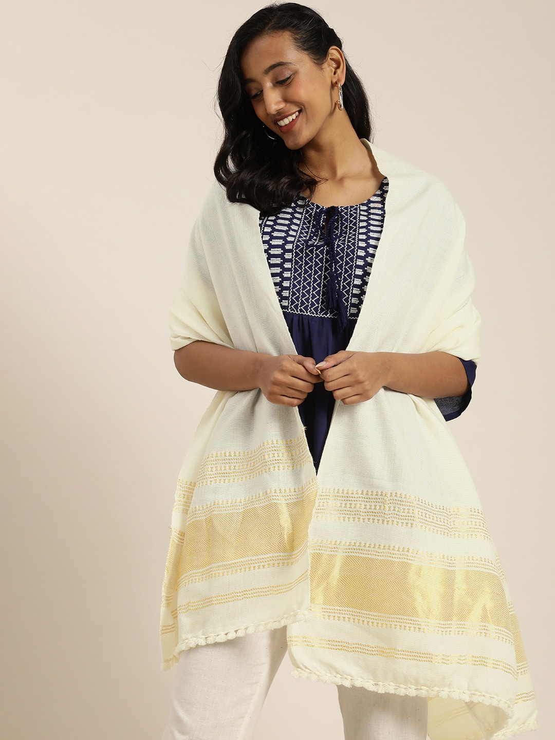 

Taavi Women White & Gold- Toned Embroidered Bhujodi Shawl With Mirror Work