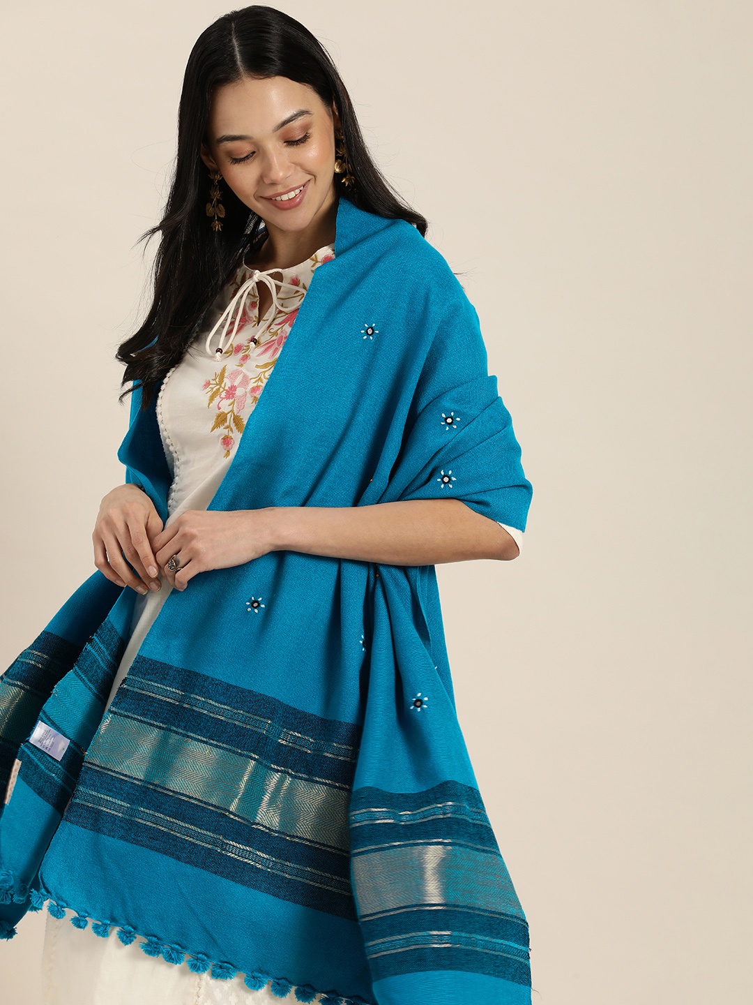 

Taavi Women Teal Blue Bhujodi Woven Design Shawl