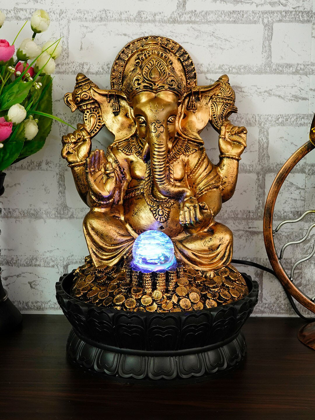 

eCraftIndia Gold-Toned & Black Lord Ganesha Water Fountain With Light