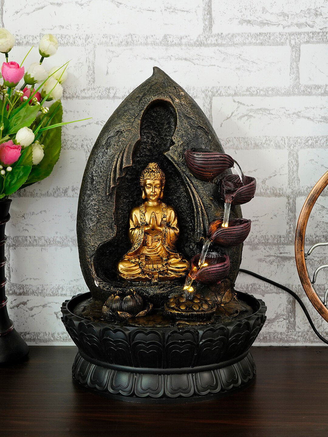 

eCraftIndia Gold-Toned & Black Lord Buddha Water Fountain With Light