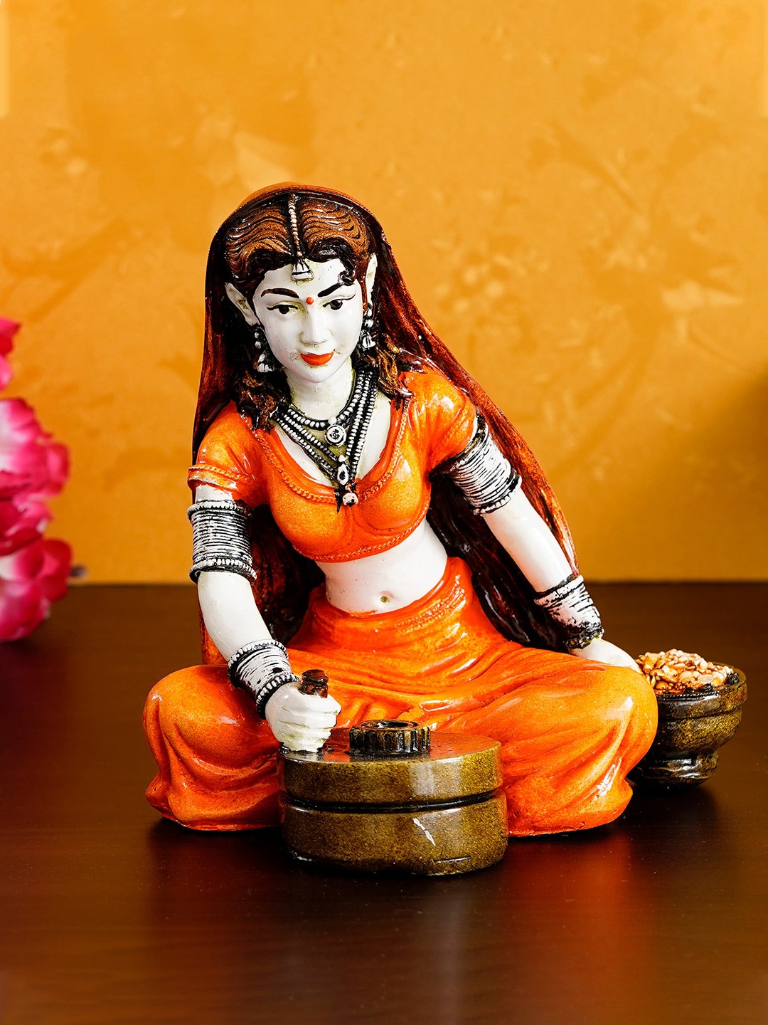 

eCraftIndia Orange Rajasthani Lady Using Traditional Flour Mill Showpiece