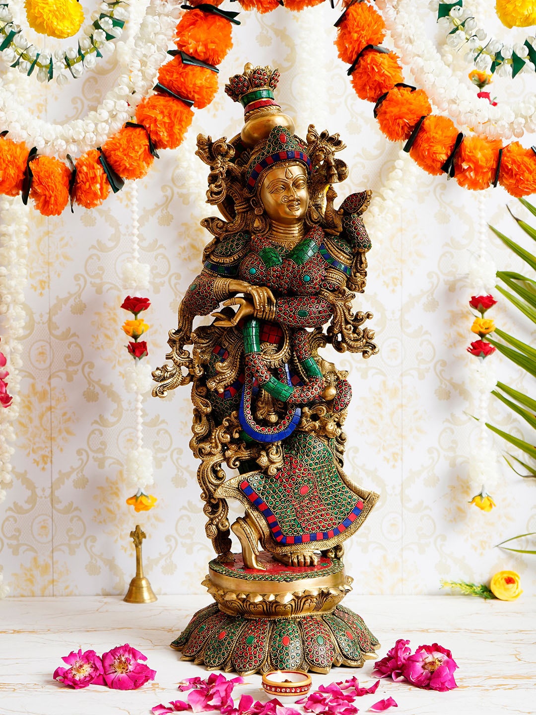 

eCraftIndia Unisex Gold-Coloured & Green Handcrafted Goddess Radha Showpiece