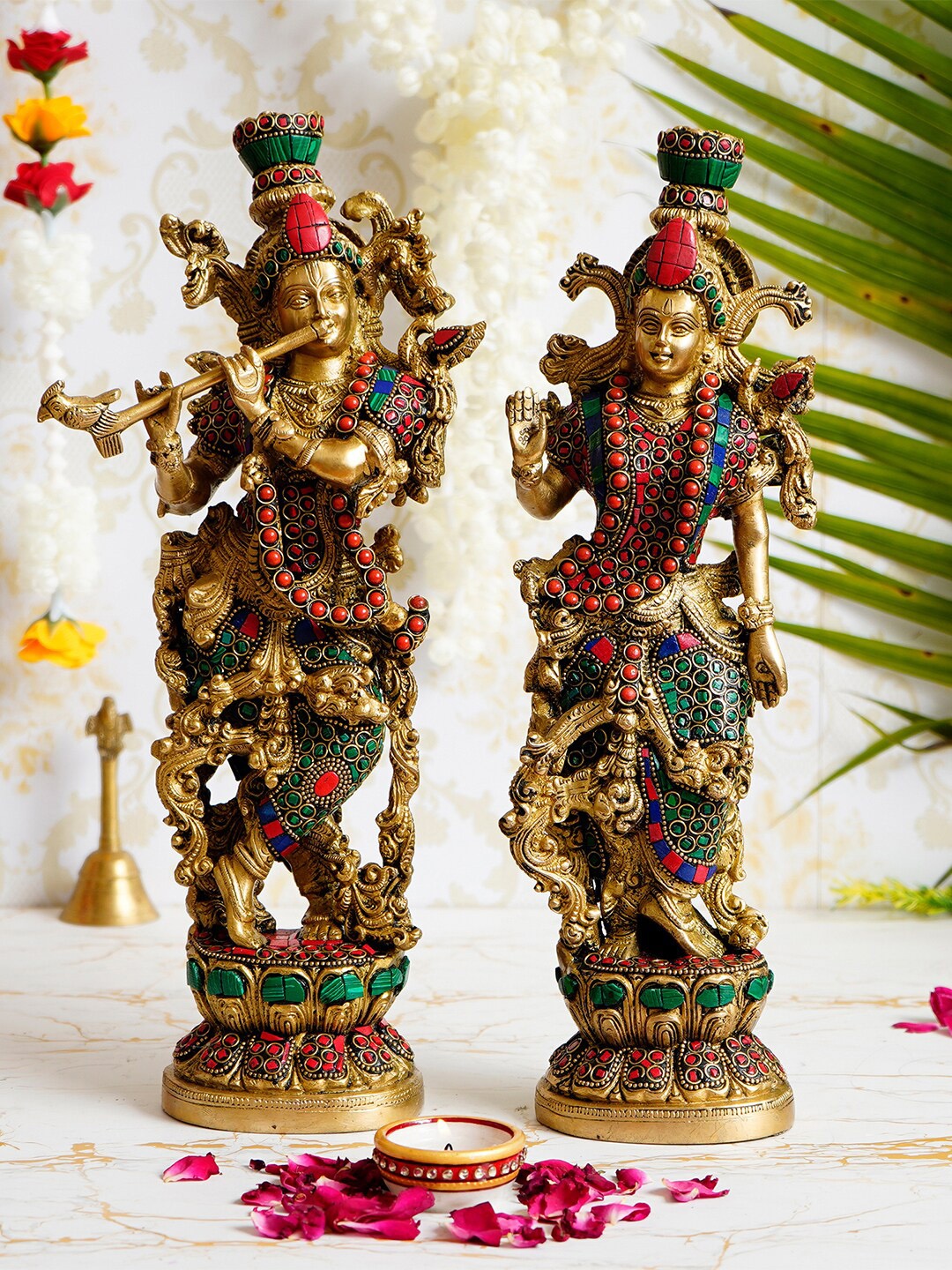 

eCraftIndia Gold And Red Handcrafted Brass Idol with Stone Work Showpiece