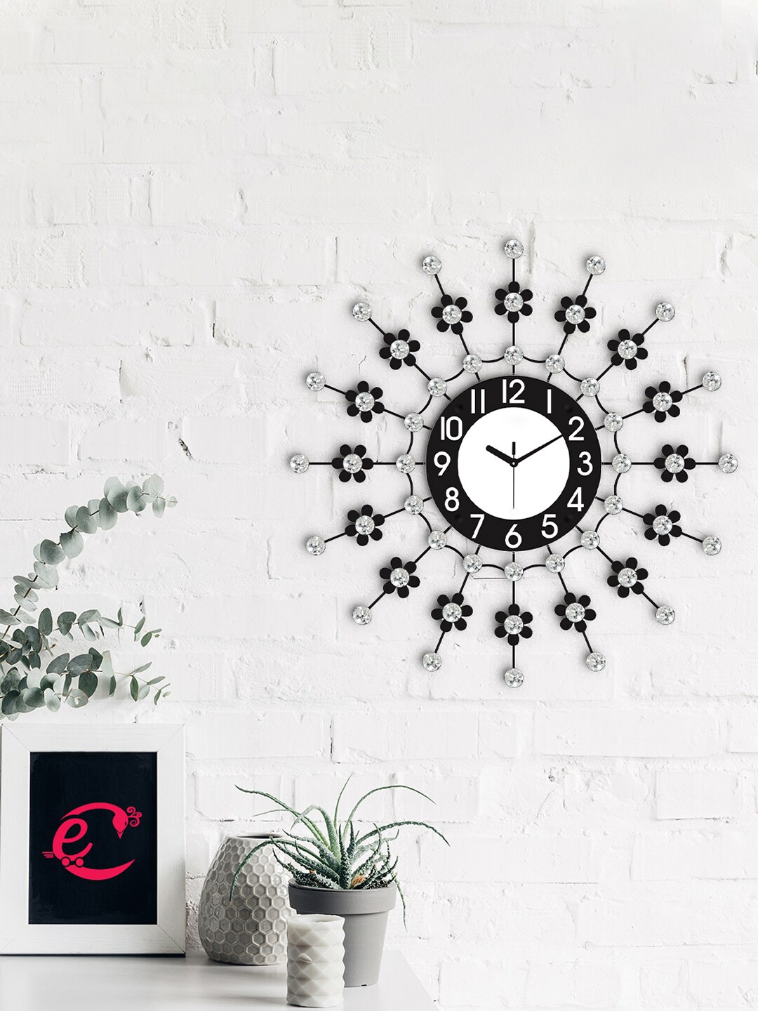 

eCraftIndia Black & White Embellished Floral Contemporary Wall Clock