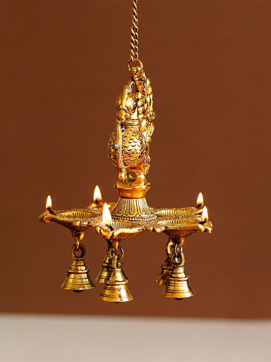 

eCraftIndia Gold-Toned Peacock Diya With Bell Handcrafted Wall Hanging With Chain