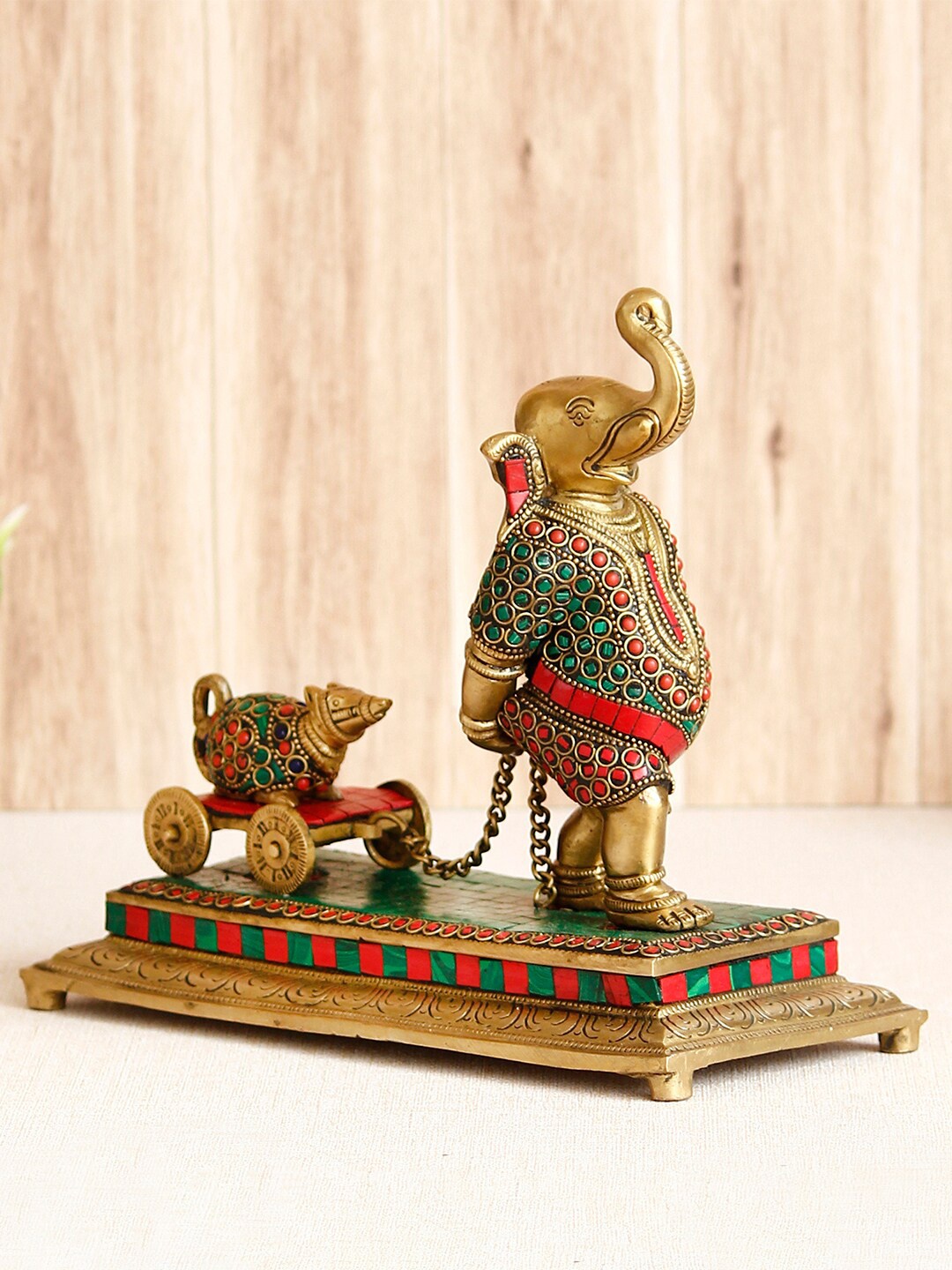 

eCraftIndia Gold-Toned & Red Lord Ganesha Carrying Mushak Cart With Chain Brass Handcrafted Figurine Showpiece