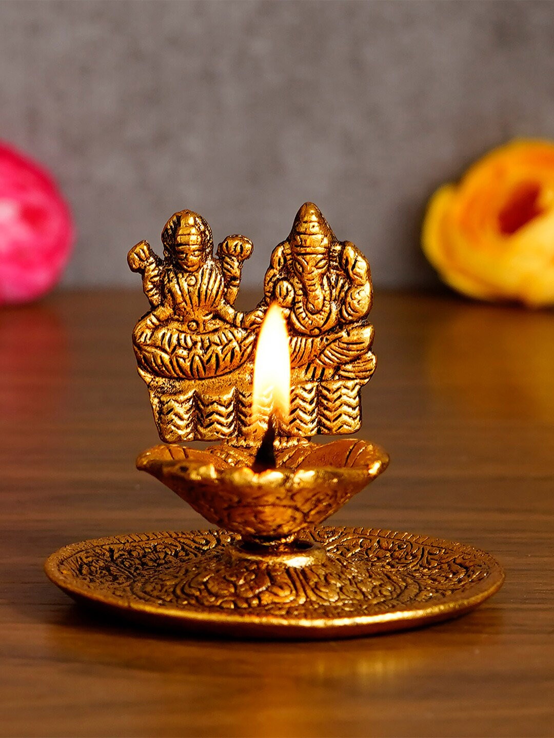 

eCraftIndia Handcrafted Goddess Laxmi & Lord Ganesha Golden Metal Diya Showpiece, Gold