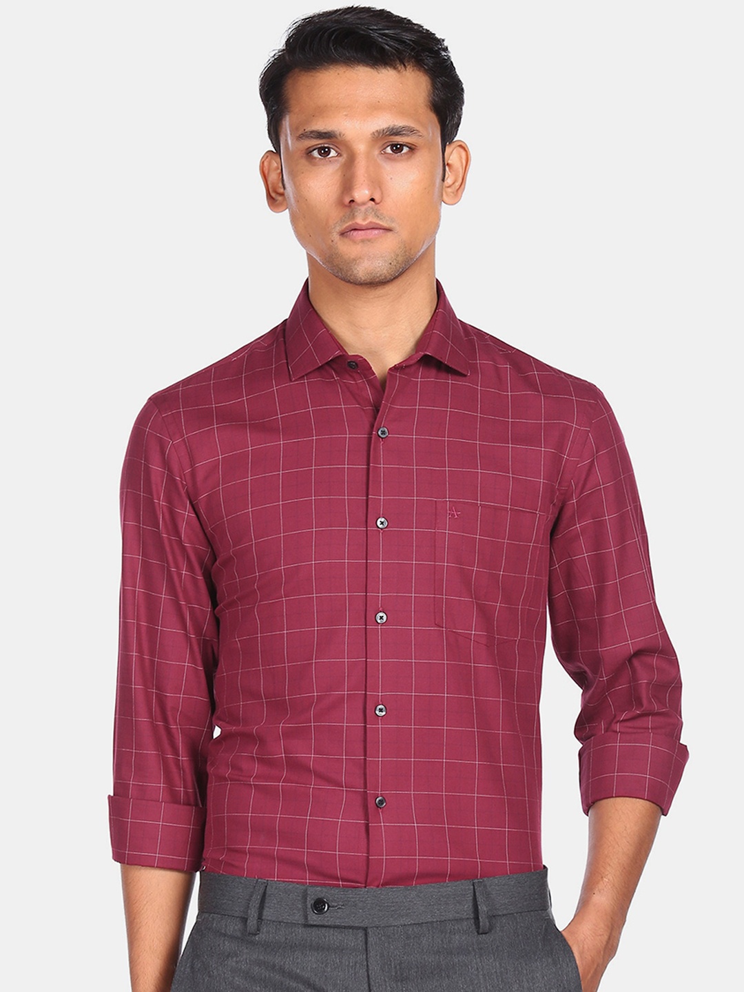 

Arrow Men Red Slim Fit Windowpane Checks Opaque Checked Pure Cotton Formal Shirt