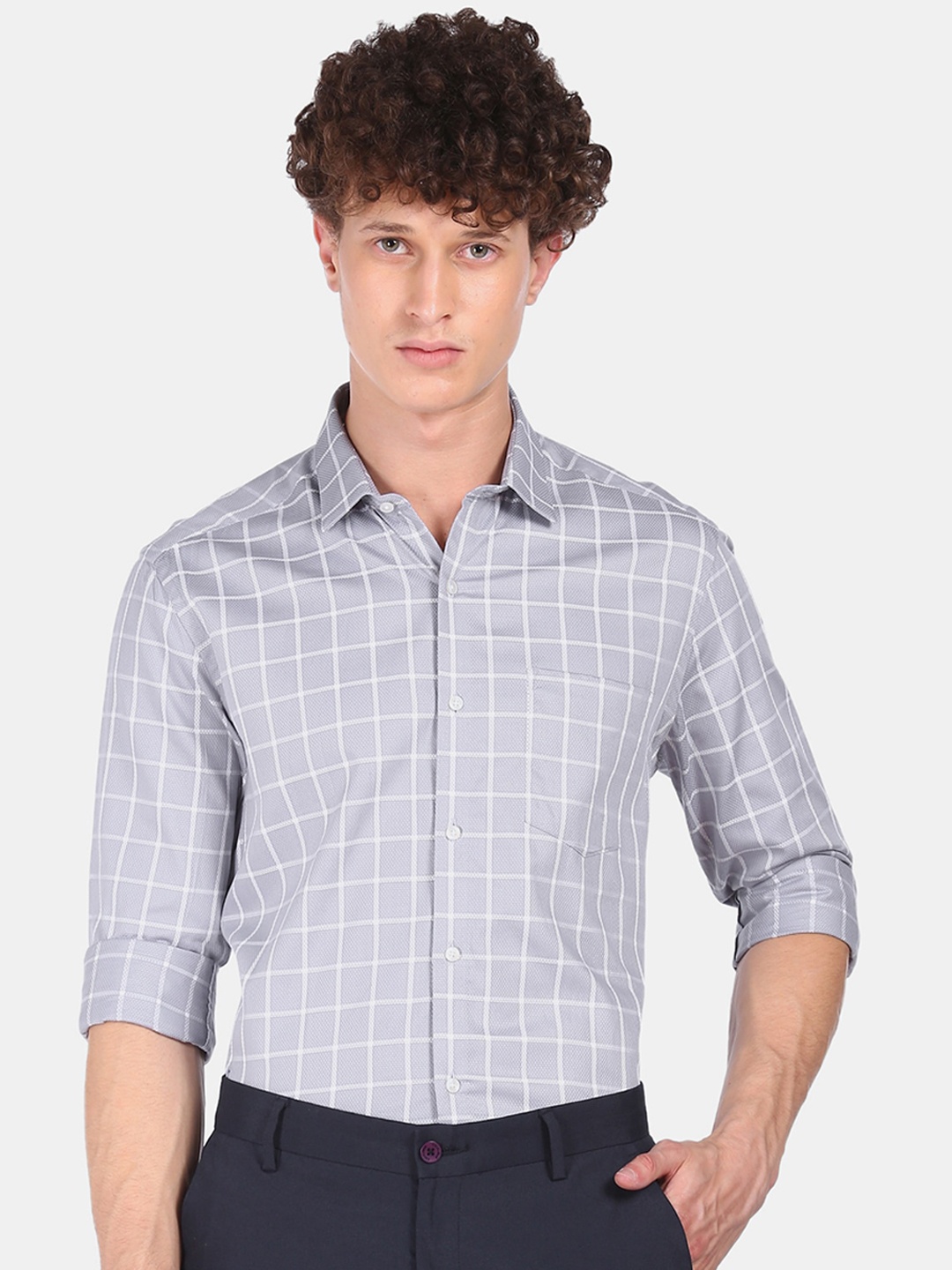 

Arrow Men Grey Cotton Slim Fit Windowpane Checks Formal Shirt