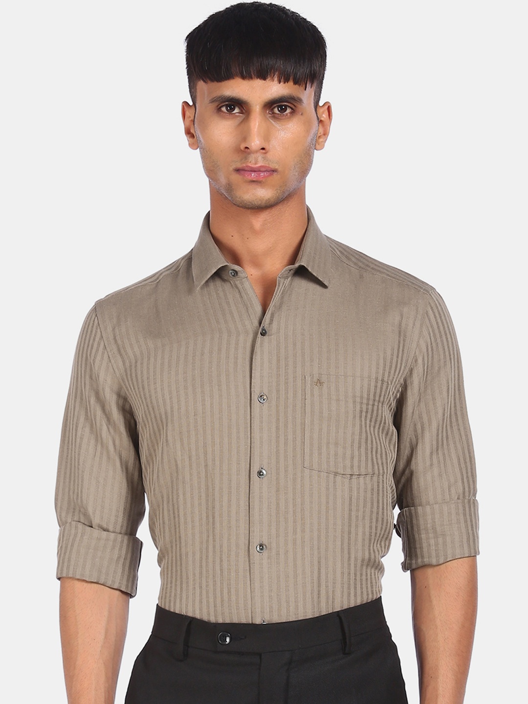 

Arrow Men Beige Slim Fit Opaque Striped Cotton Linen Formal Shirt