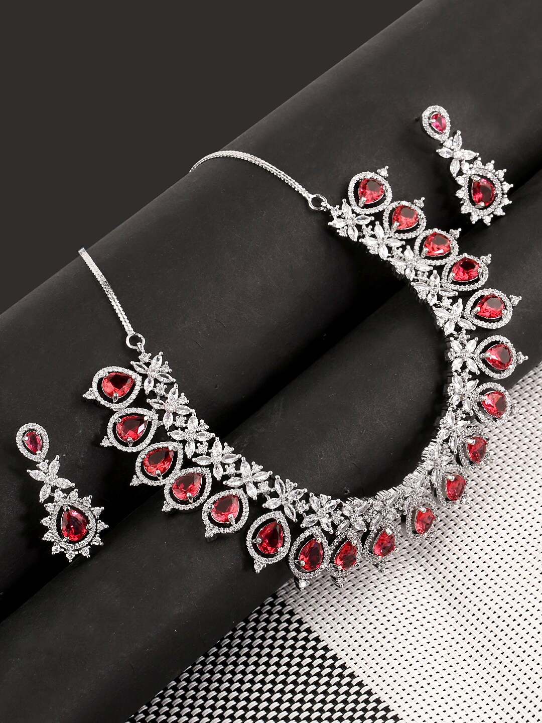 

Voylla Silver-Plated & Red Cubic Zirconia Stones Studded Necklace Set