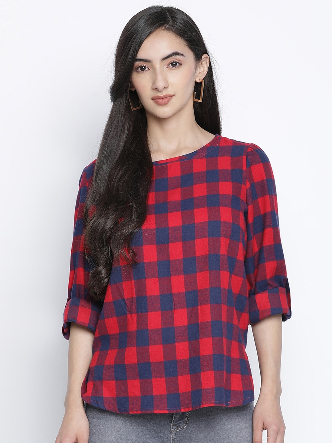 

Oxolloxo Red Checked Roll-Up Sleeves Regular Top