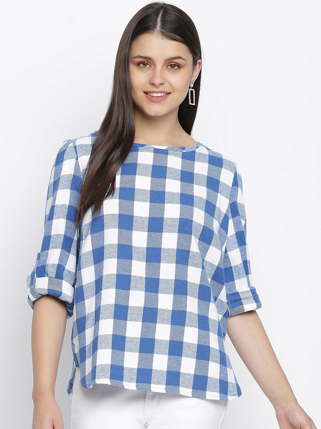 

Oxolloxo Blue Checked Roll-Up Sleeves Regular Top
