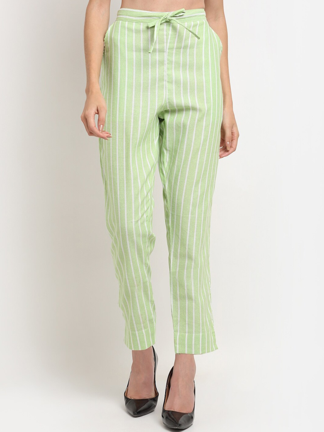 

TAG 7 Women Green & White Striped Cotton Palazzos