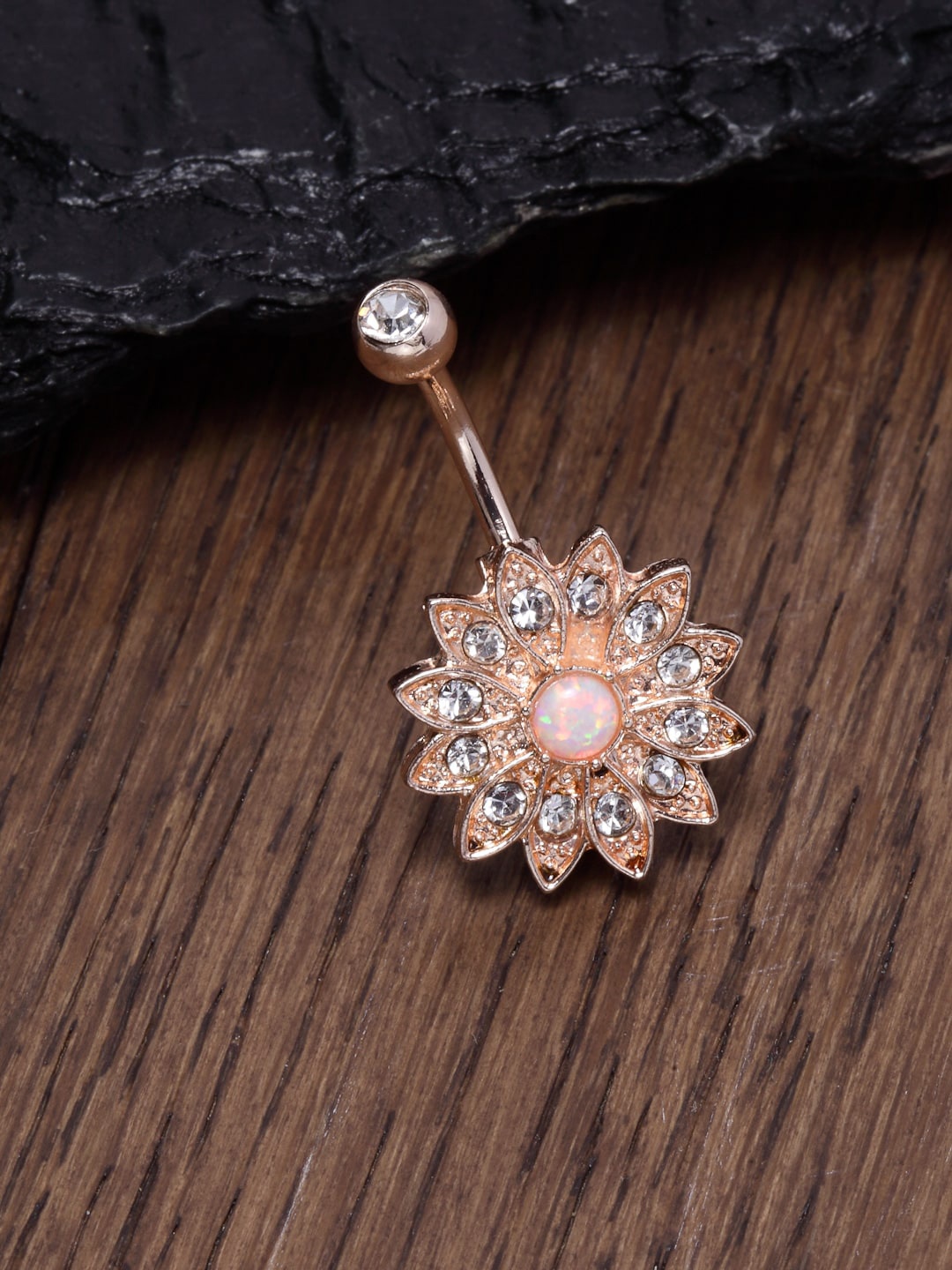 

Ferosh Rose Gold Toned & White Crystal Studded Belly Button Ring