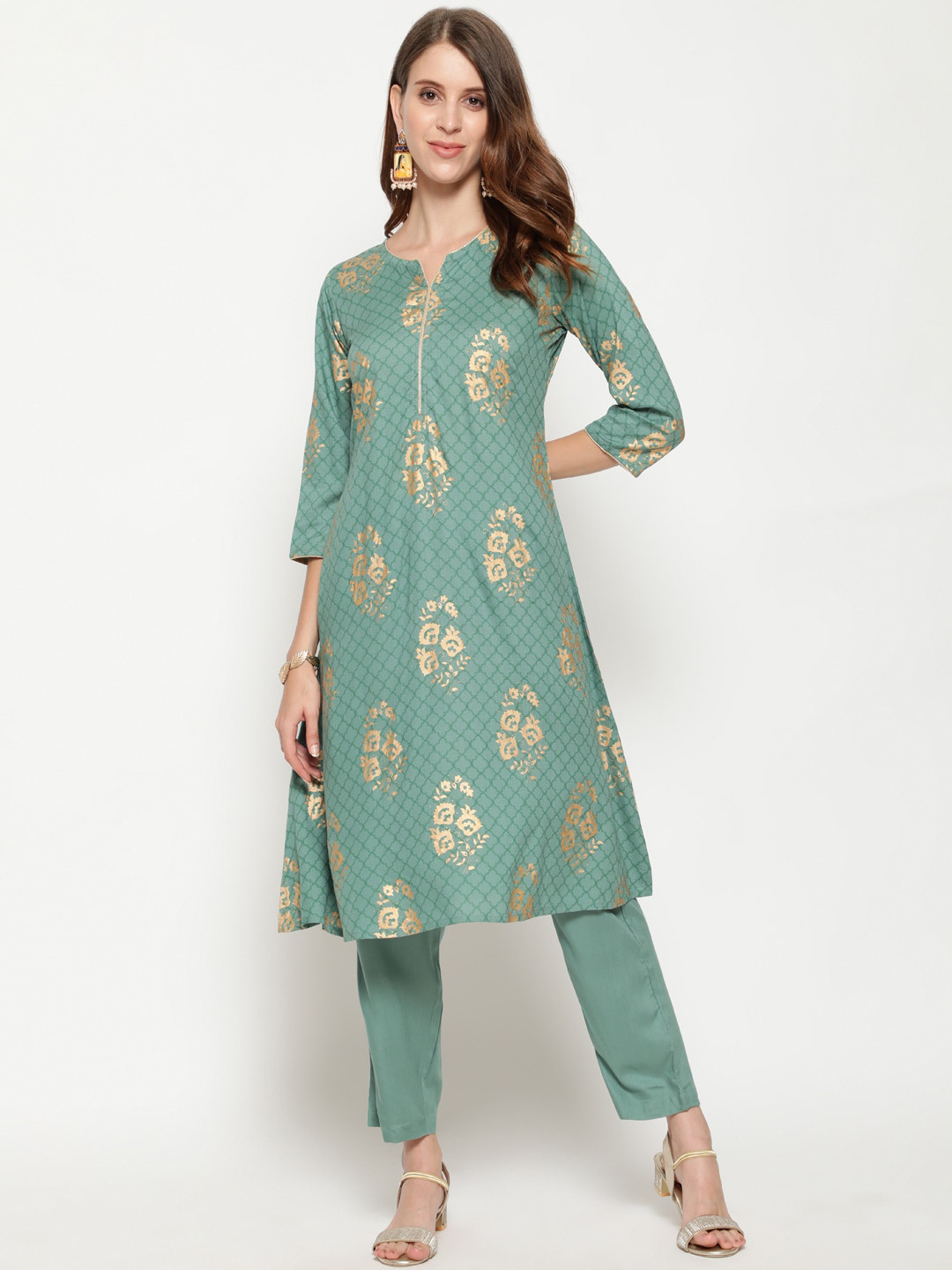 

antaran Women Green Ethnic Motifs Printed Panelled Kurti with Trousers