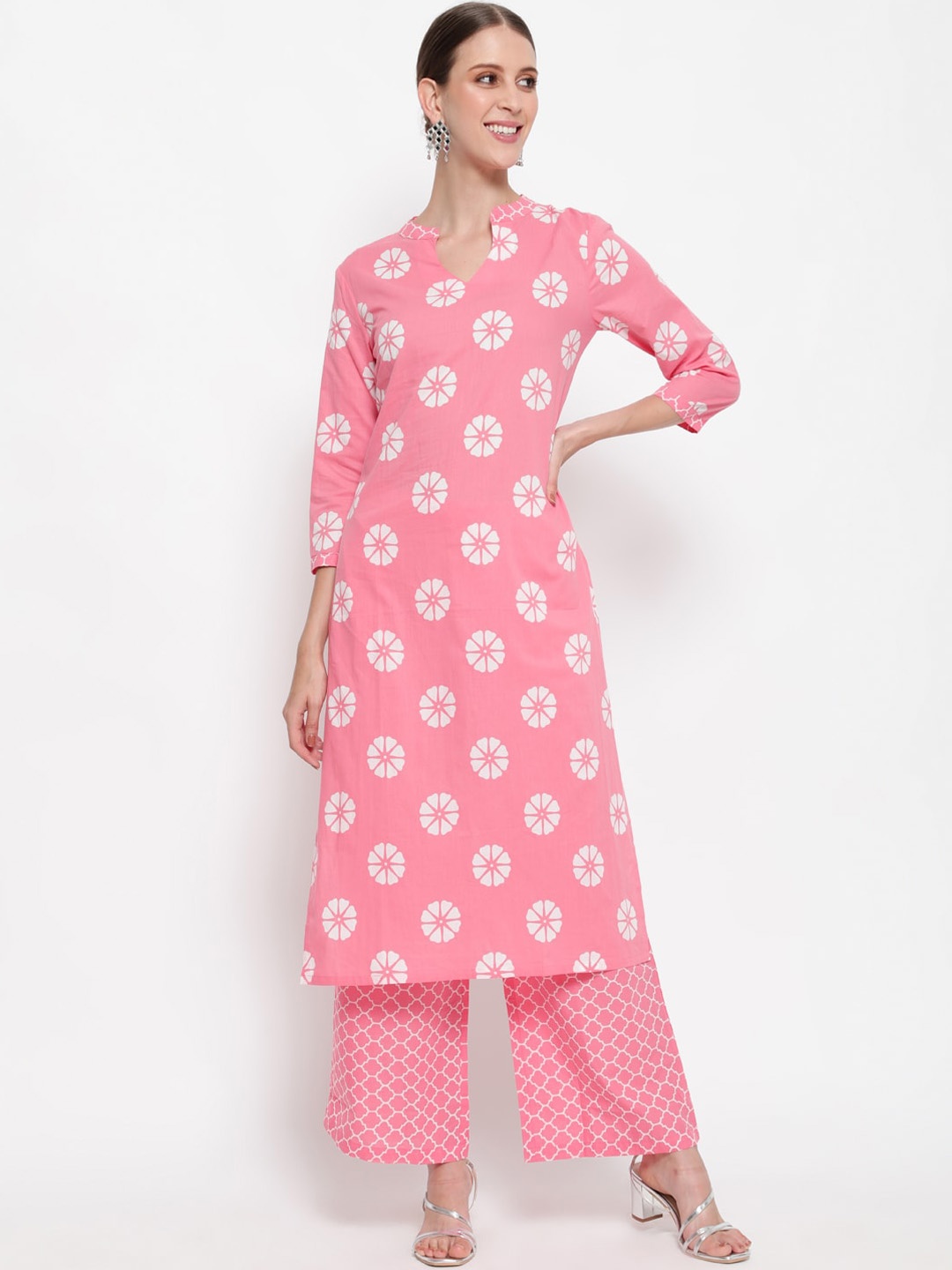 

antaran Women Pink & White Ethnic Motifs Printed Regular Pure Cotton Kurta with Palazzos