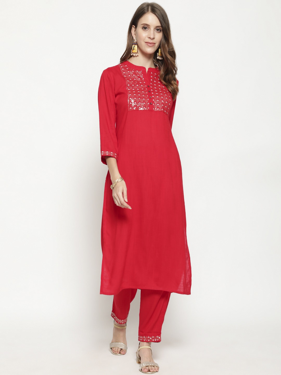 

antaran Women Red Floral Yoke Design Regular Sequinned Kurta with Trousers