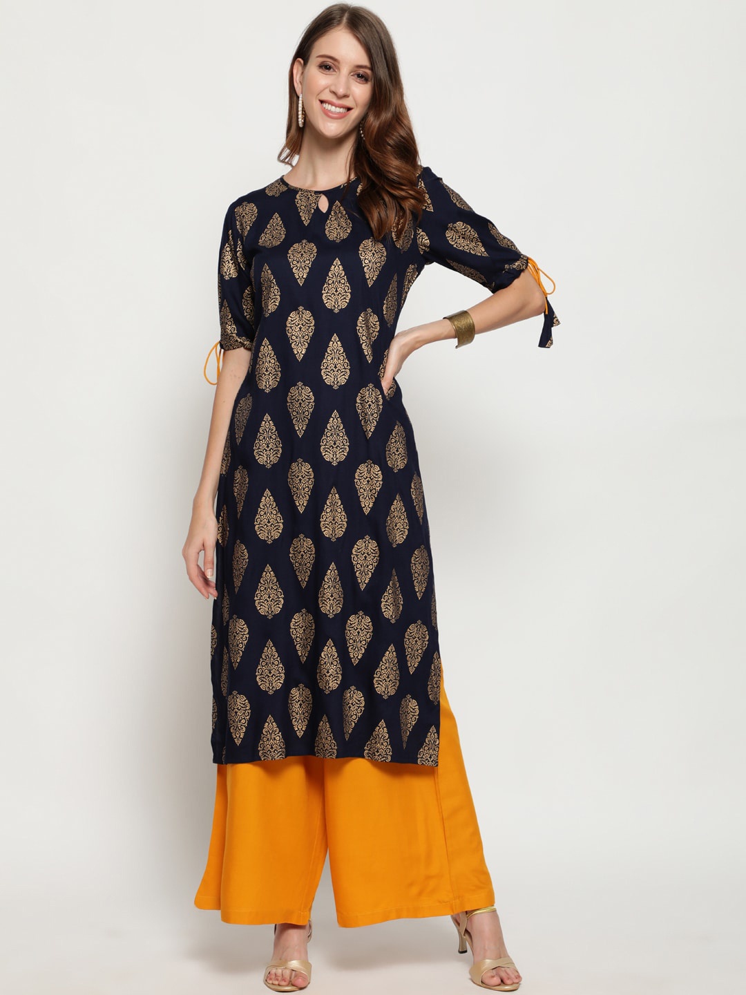 

antaran Women Navy Blue & Gold-Toned Foil Printed Kurta