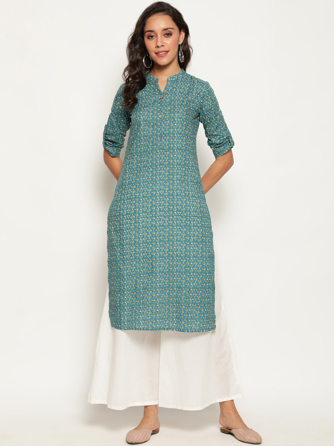 

antaran Women Blue & Yellow Floral Printed Kurta