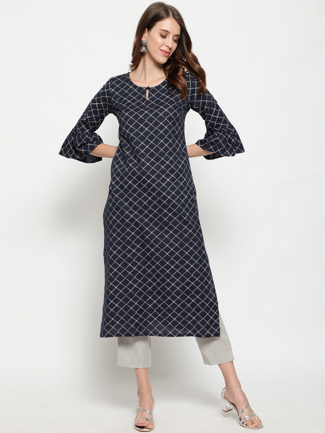 

antaran Women Navy Blue Checked Flared Sleeves Kurta