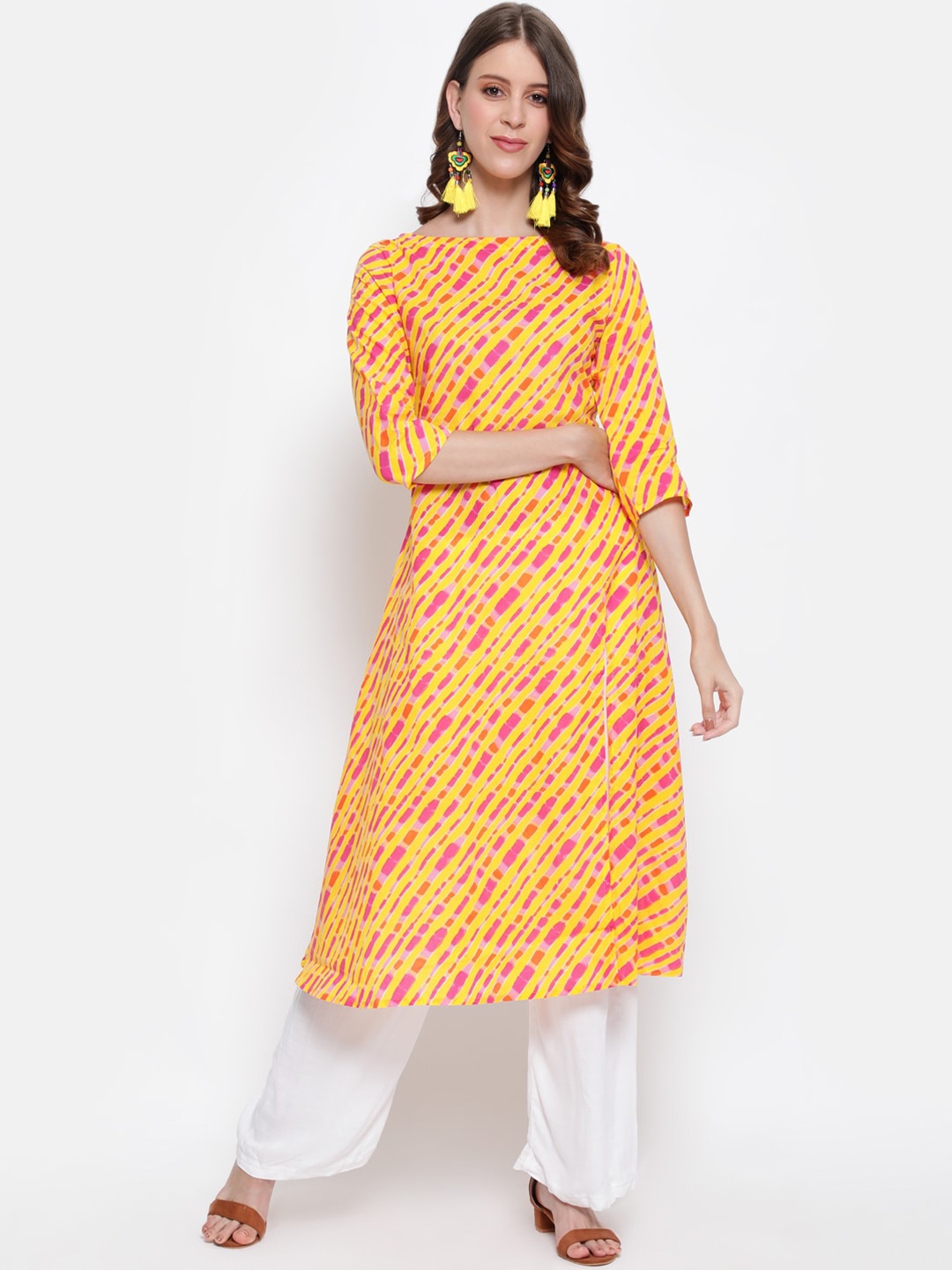 

antaran Women Yellow & Pink Leheriya Printed Kurta