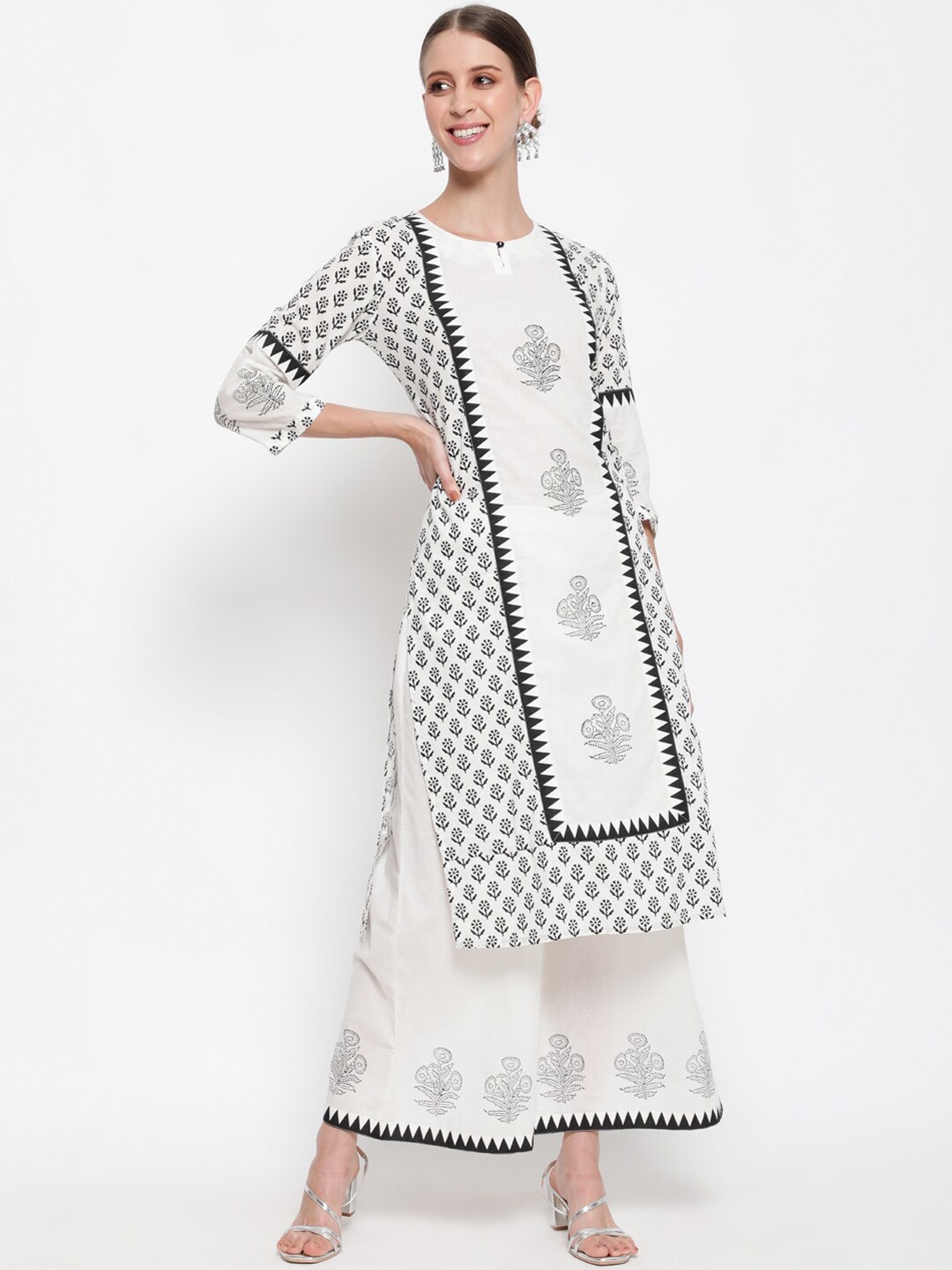 

antaran Women White & Black Floral Printed Regular Pure Cotton Kurta with Palazzos