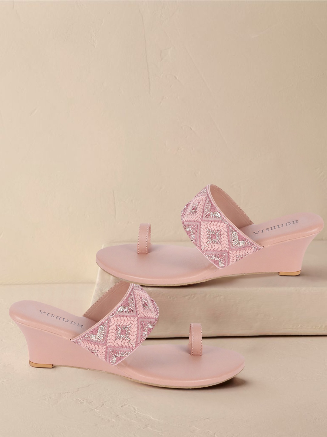 

Vishudh Women Peach-Coloured Embroidered Open Toe Wedges