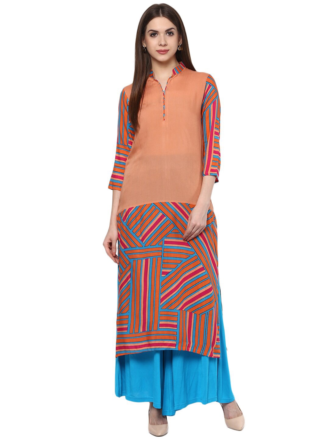 StyleStone Women Orange & Blue Geometric Pure Cotton Kurta