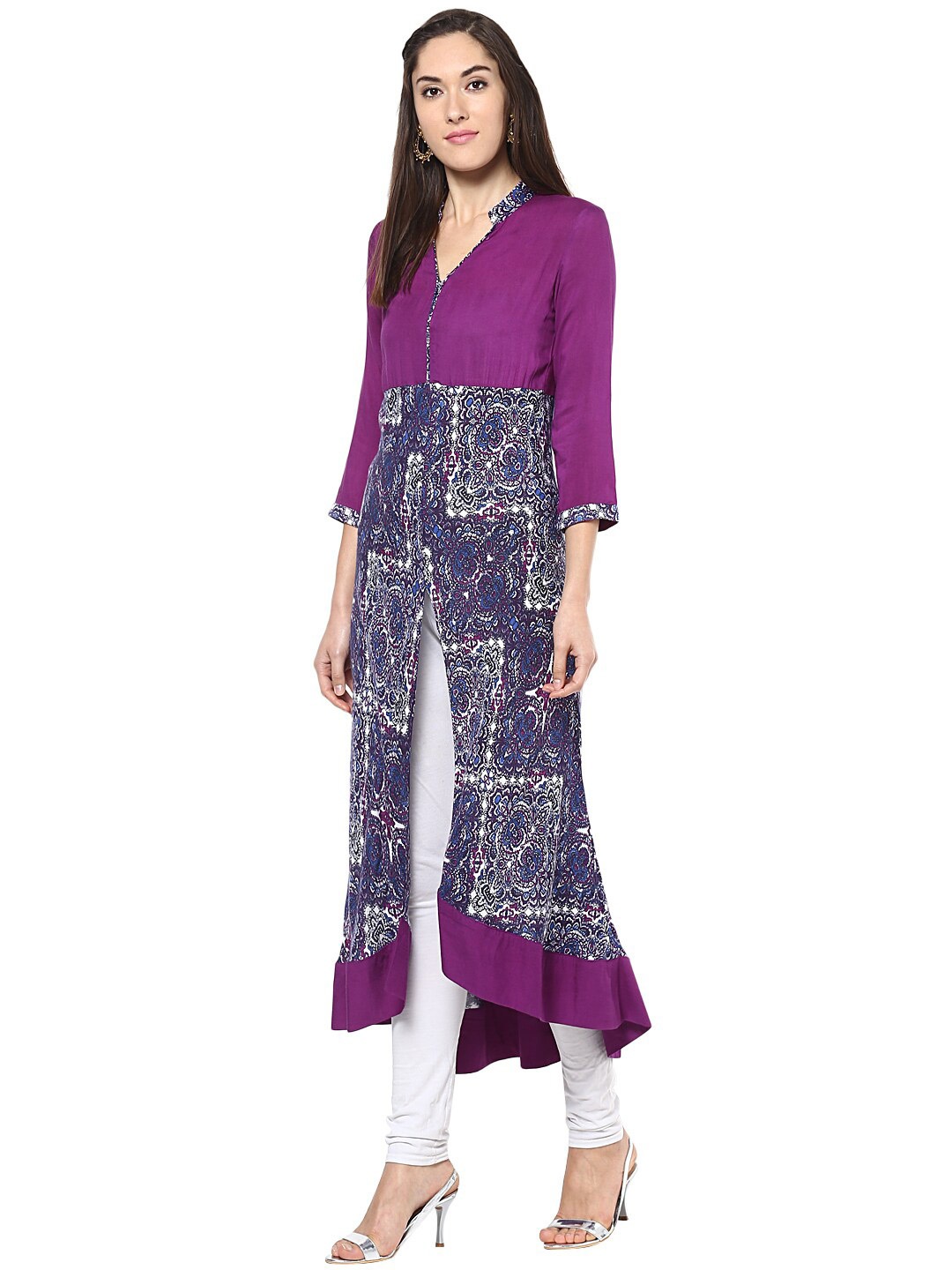 

StyleStone Women Purple & Blue Abstract Printed Asymmetric A-line Kurta