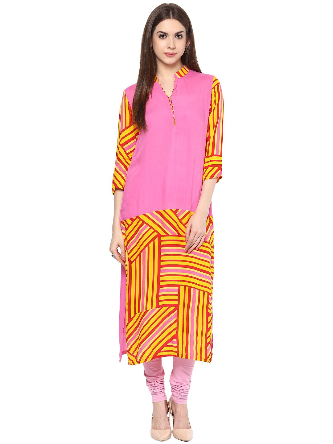 

StyleStone Women Pink & Yellow Geometric Printed Pure Cotton Kurta