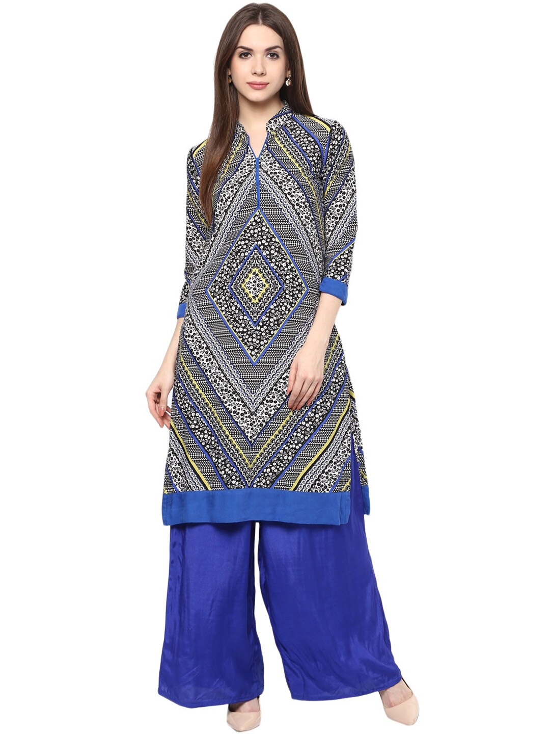 StyleStone Women Blue & White Floral Printed Pure Cotton Kurta