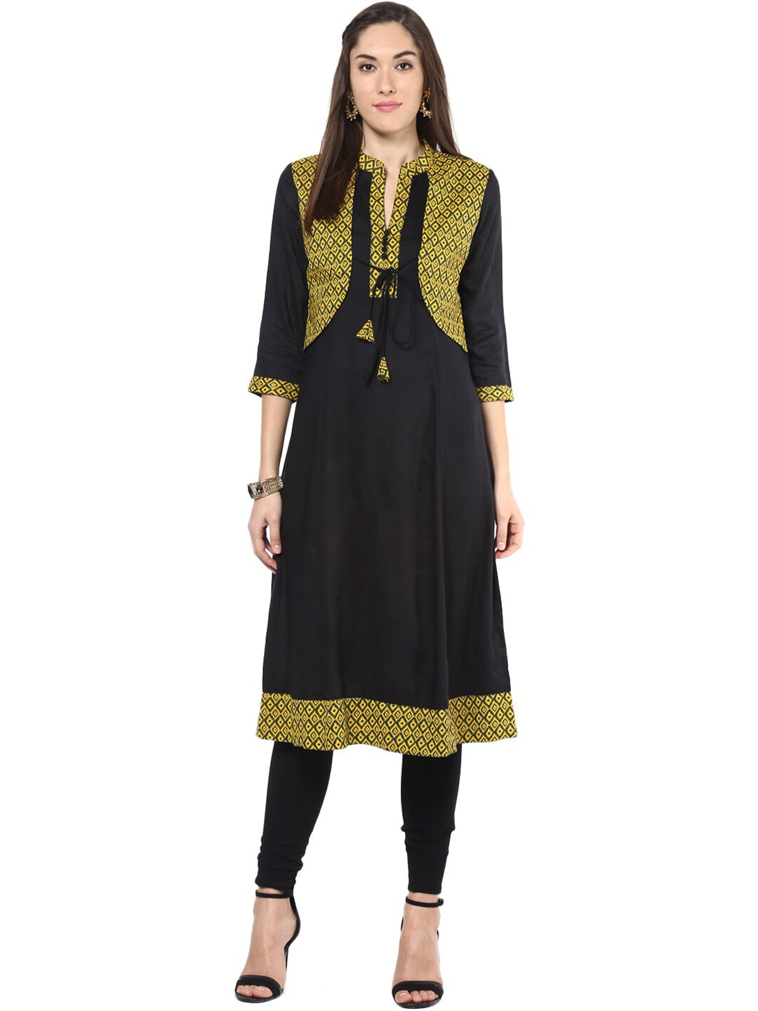 

StyleStone Women Yellow & Black Geometric Printed Pure Cotton Anarkali Kurta