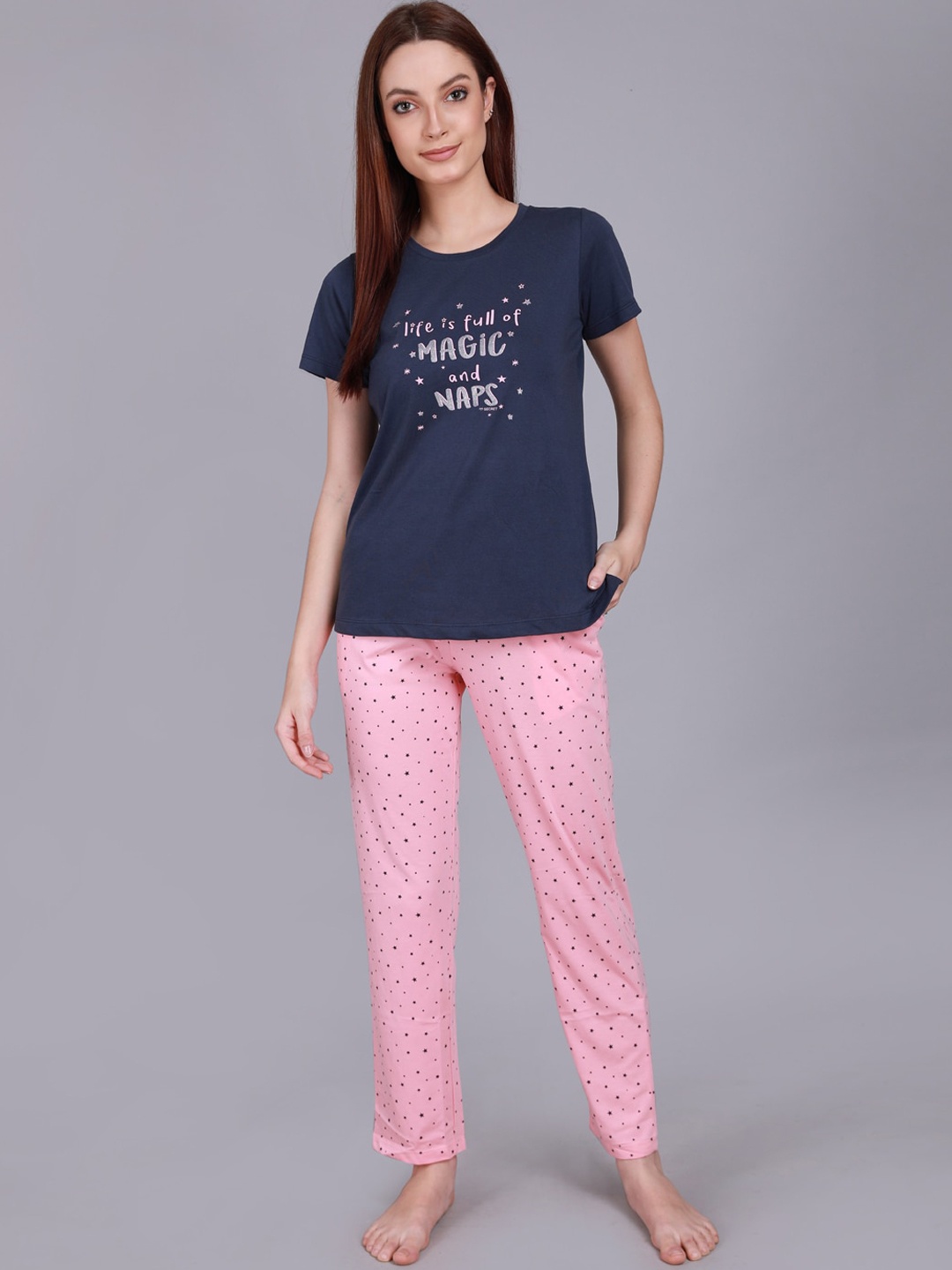 

MADAME M SECRET Women Navy Blue & Pink Printed Night suit